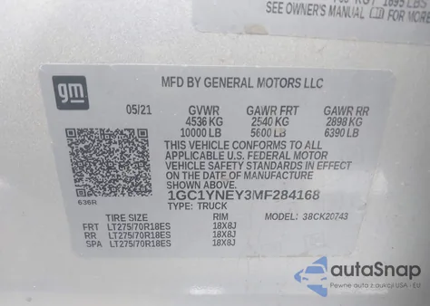 2021 Chevrolet Silverado 2500Hd 4Wd Standard Bed Lt z USA, uszkodzony, nr VIN 1GC1YNEY3MF284168